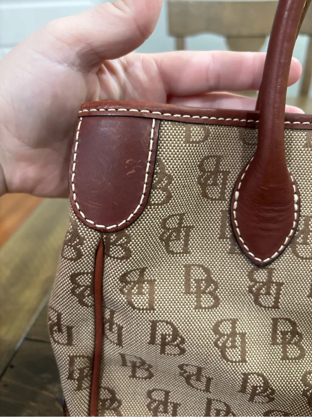 Dooney & Bourke Signature Monogram Satchel with Brown Leather Trim